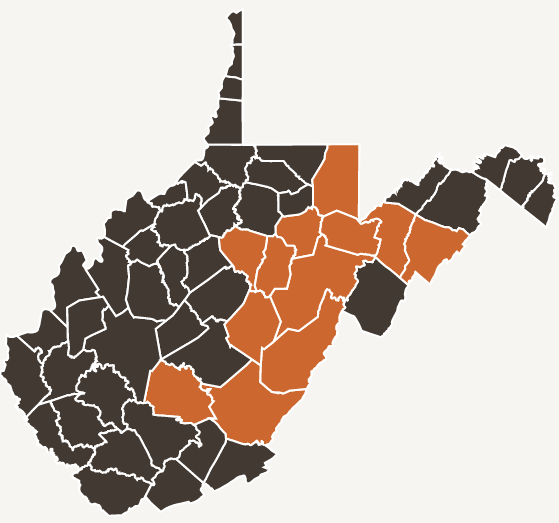The state of West Virginia outlined by county, with WVHAZ counties highlighted in orange